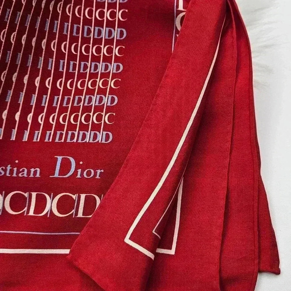 Price is FIRM* Christian Dior Red Silk Logo Scarf - Picture 3 of 8